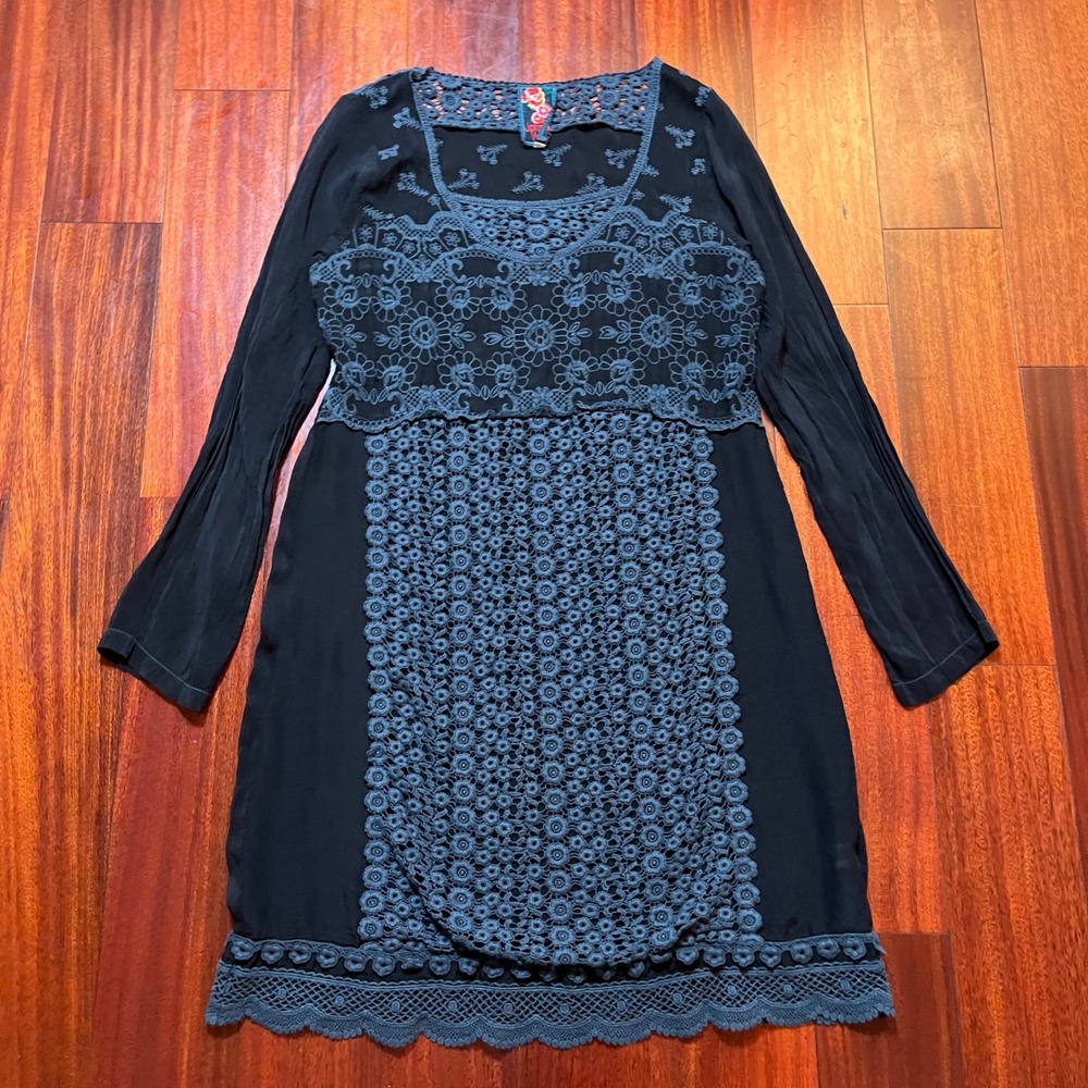 Johnny Was Dress Womens S Black Floral Crochet Lace Embroidery Boho Western